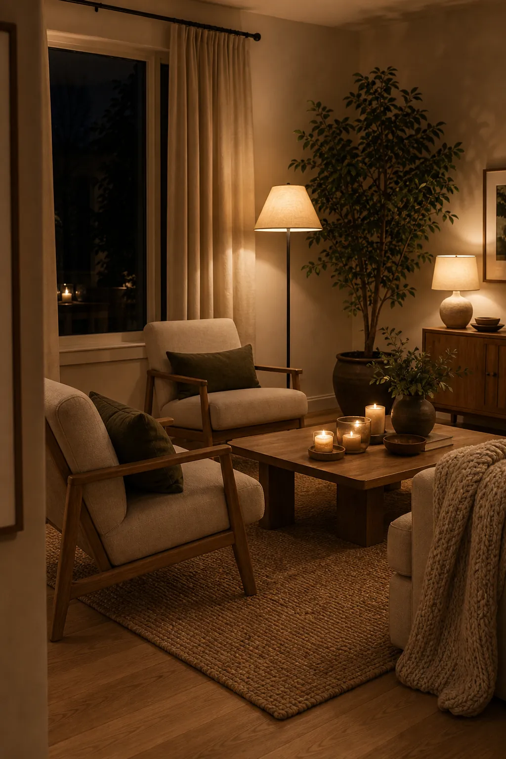 Cozy natural living room conversation layout with warm lamps, woven rug, and neutral seating