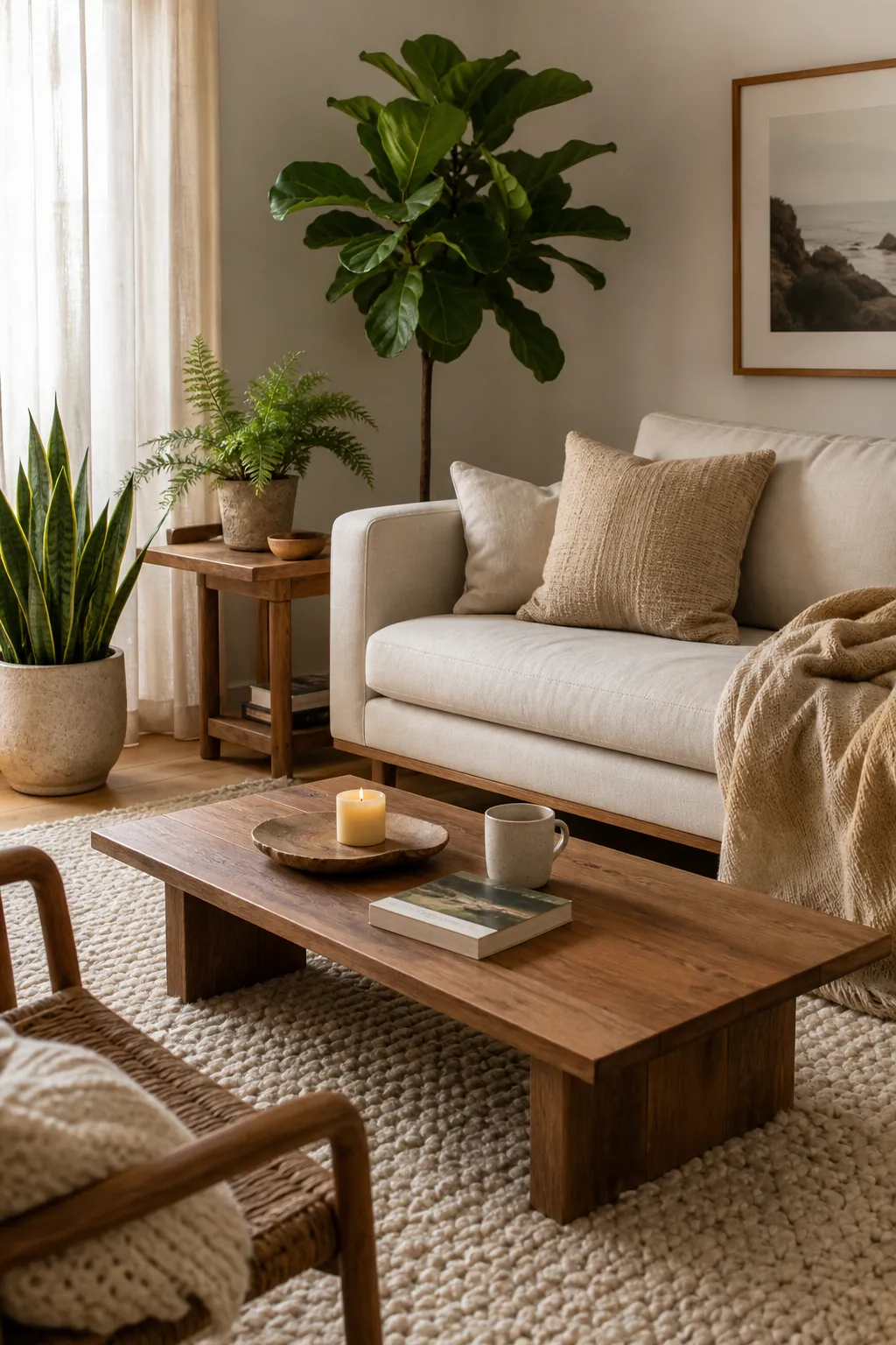 Cozy neutral living room with layered pillows wood table and organic modern decor