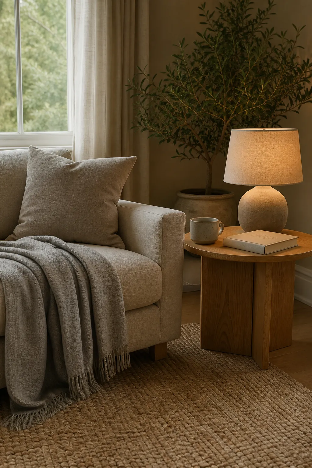 Layered natural textures in an earthy reading corner with woven basket and linen chair