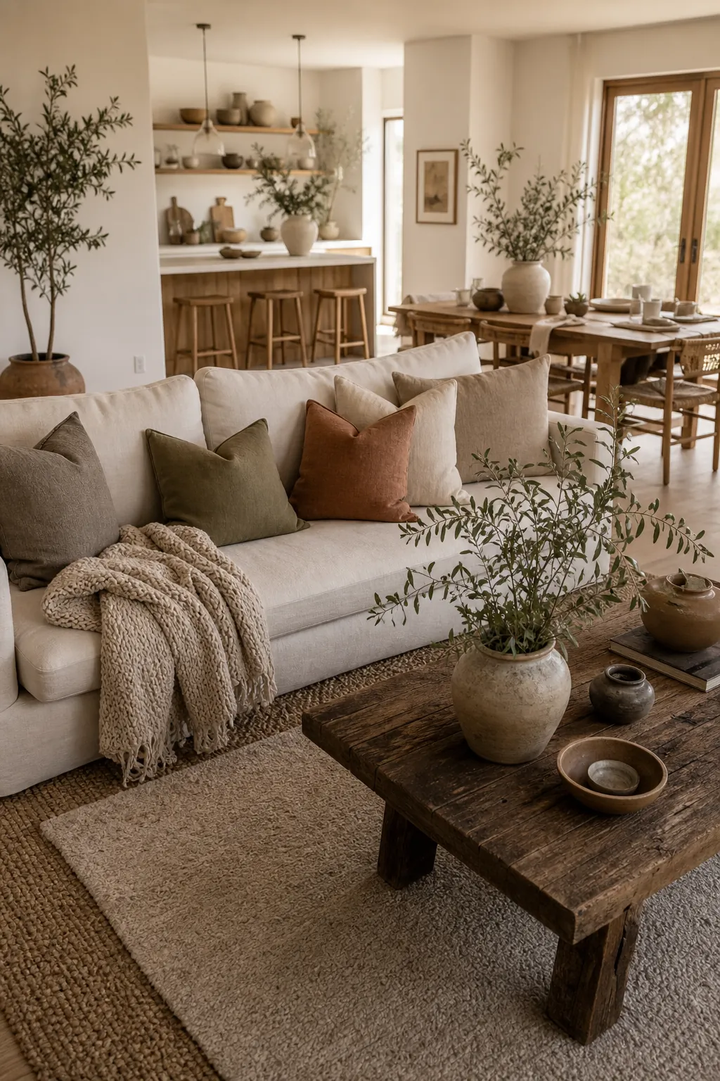 Relaxing organic modern living room with natural home decor for a slow weekend feel