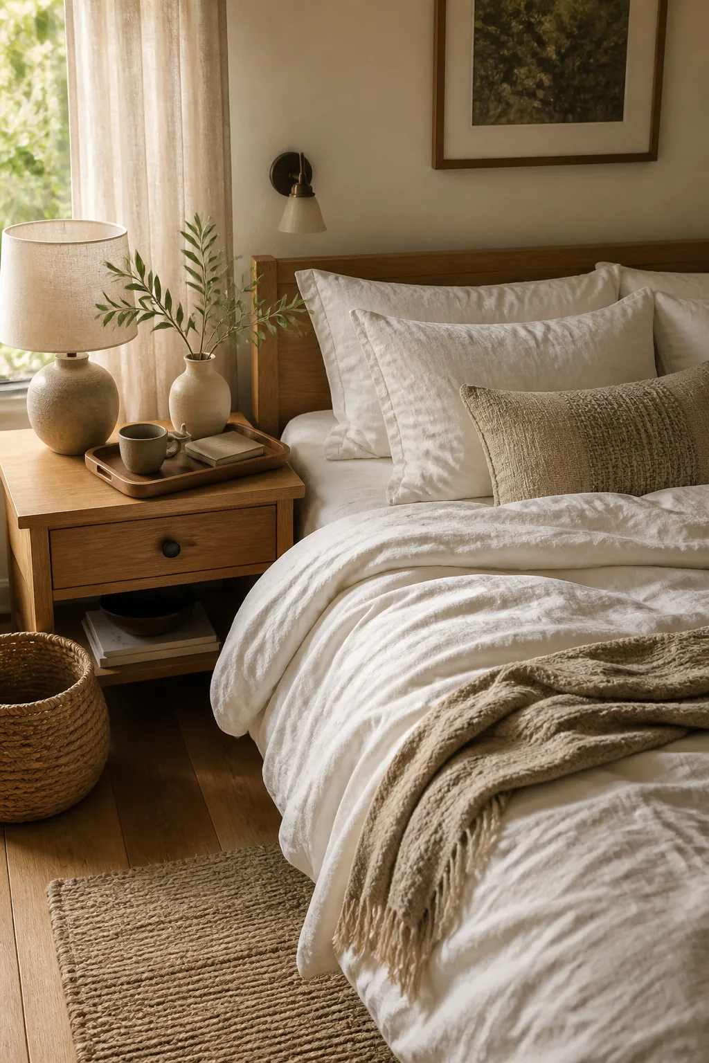 Slow weekend bedroom corner with linen bedding wood nightstand and calming neutral decor