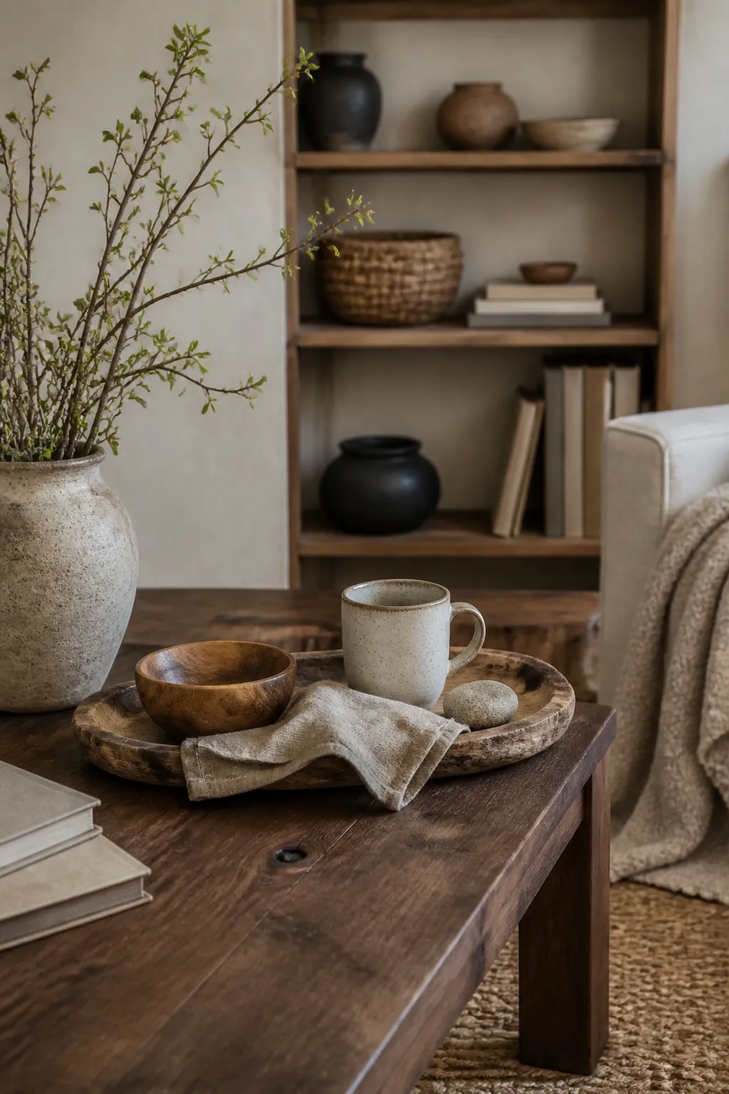 Wood decor coffee table details with ceramic mug branches and earthy interiors styling