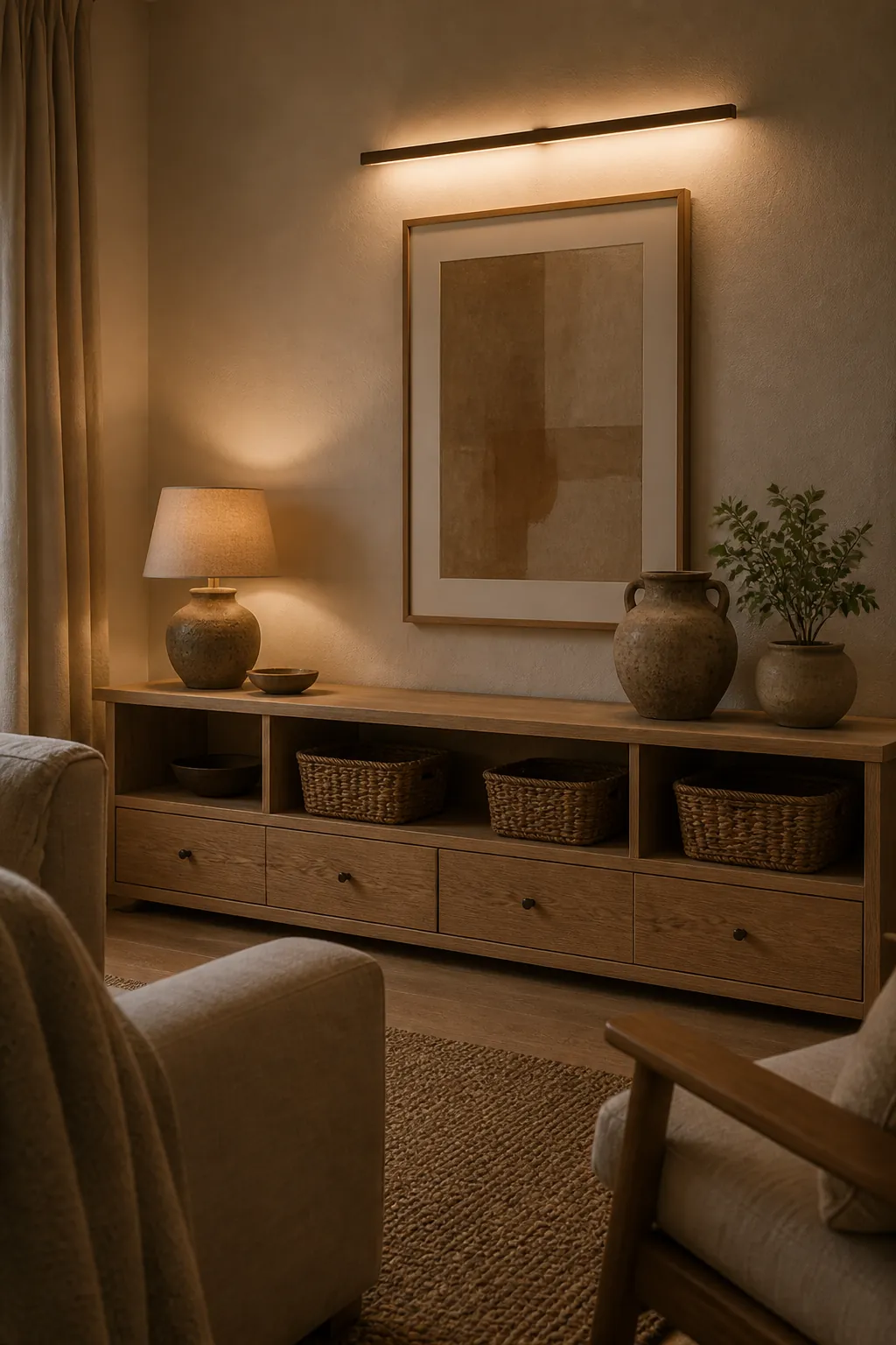 Low effort natural decor with linen rattan wood and ceramic textures