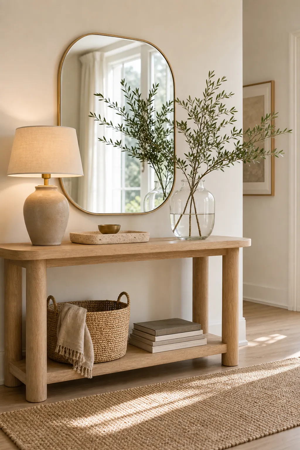 Bright earthy living room with warm neutrals, wood decor, rattan, clay accents, and natural light