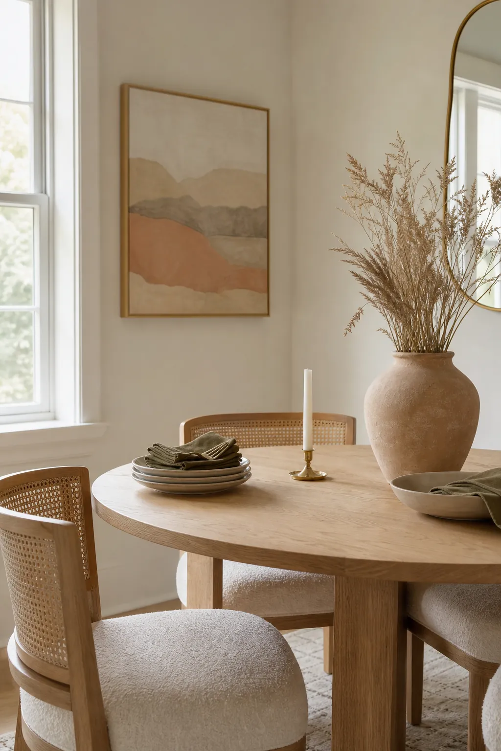 Earthy living room with layered lighting, pale textiles, brass accents, and natural wood decor
