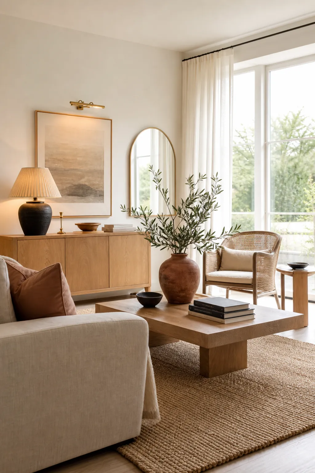 Bright living room with light earth tones, pale oak furniture, clay pillows, and natural textures