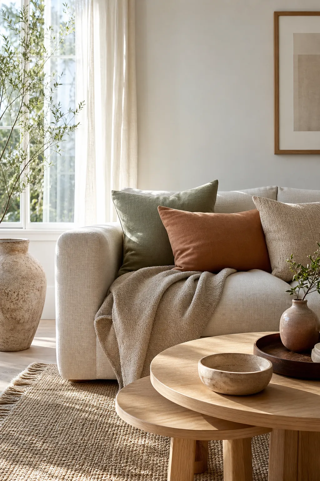 Light-filled dining nook with luminous earth tones, pale oak, cane chairs, and soft terracotta decor