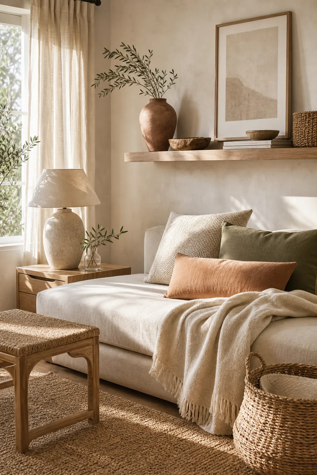Balanced living room with one moody earthy accent, cream rug, light walls, and warm wood decor