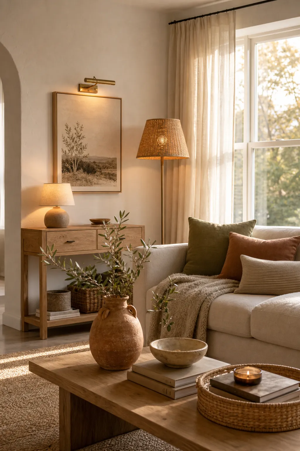 Bright neutral room with linen, jute, cane, pale oak, and earthy ceramic textures