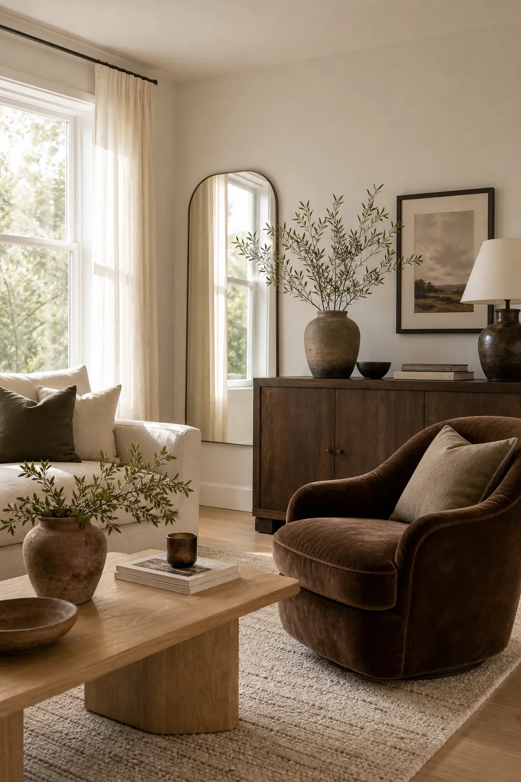 Earthy entryway with a large mirror, light oak console, glass vase, brass bowl, and woven basket
