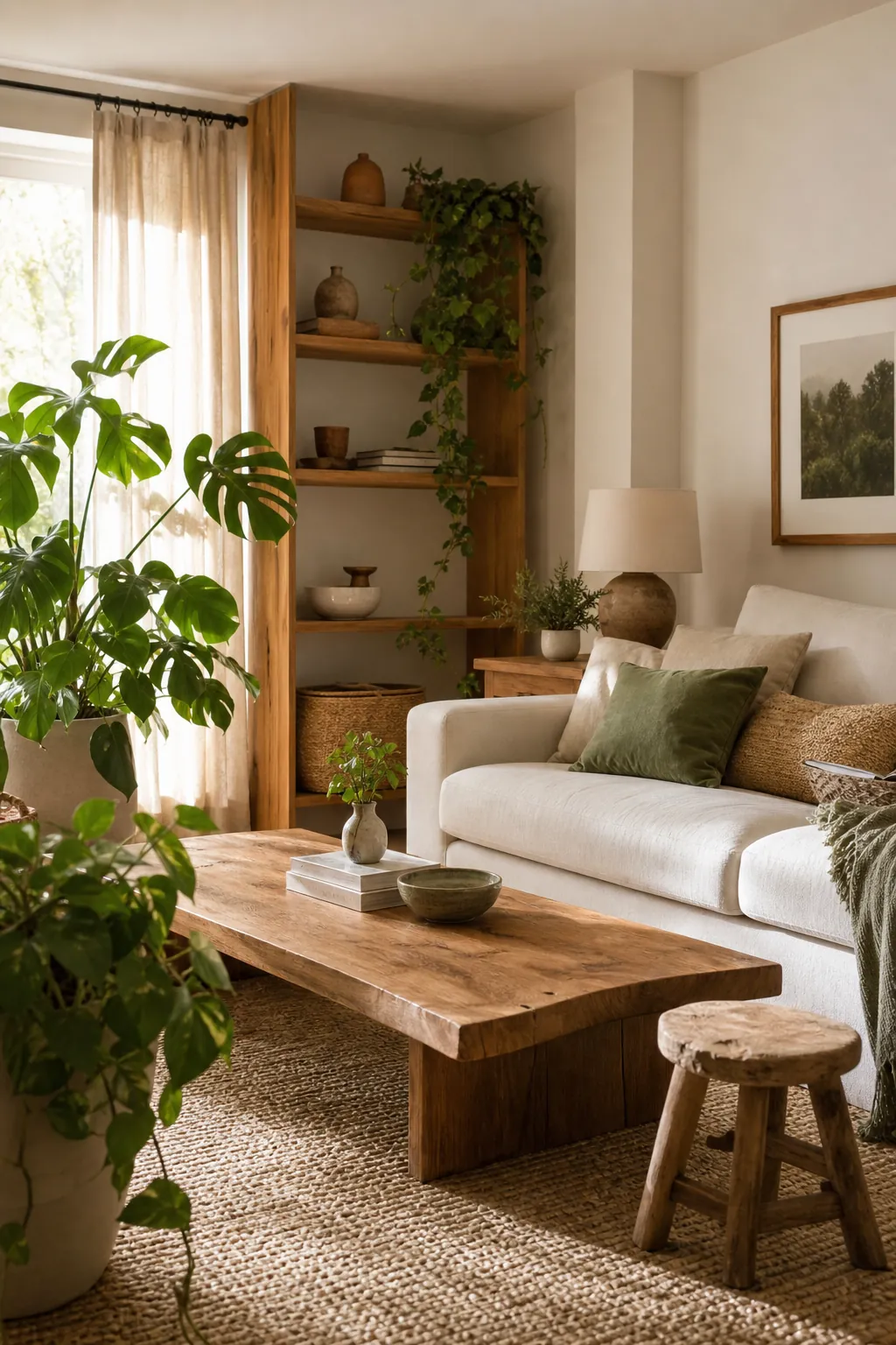 Soft organic modern living room with wood decor and lush plants