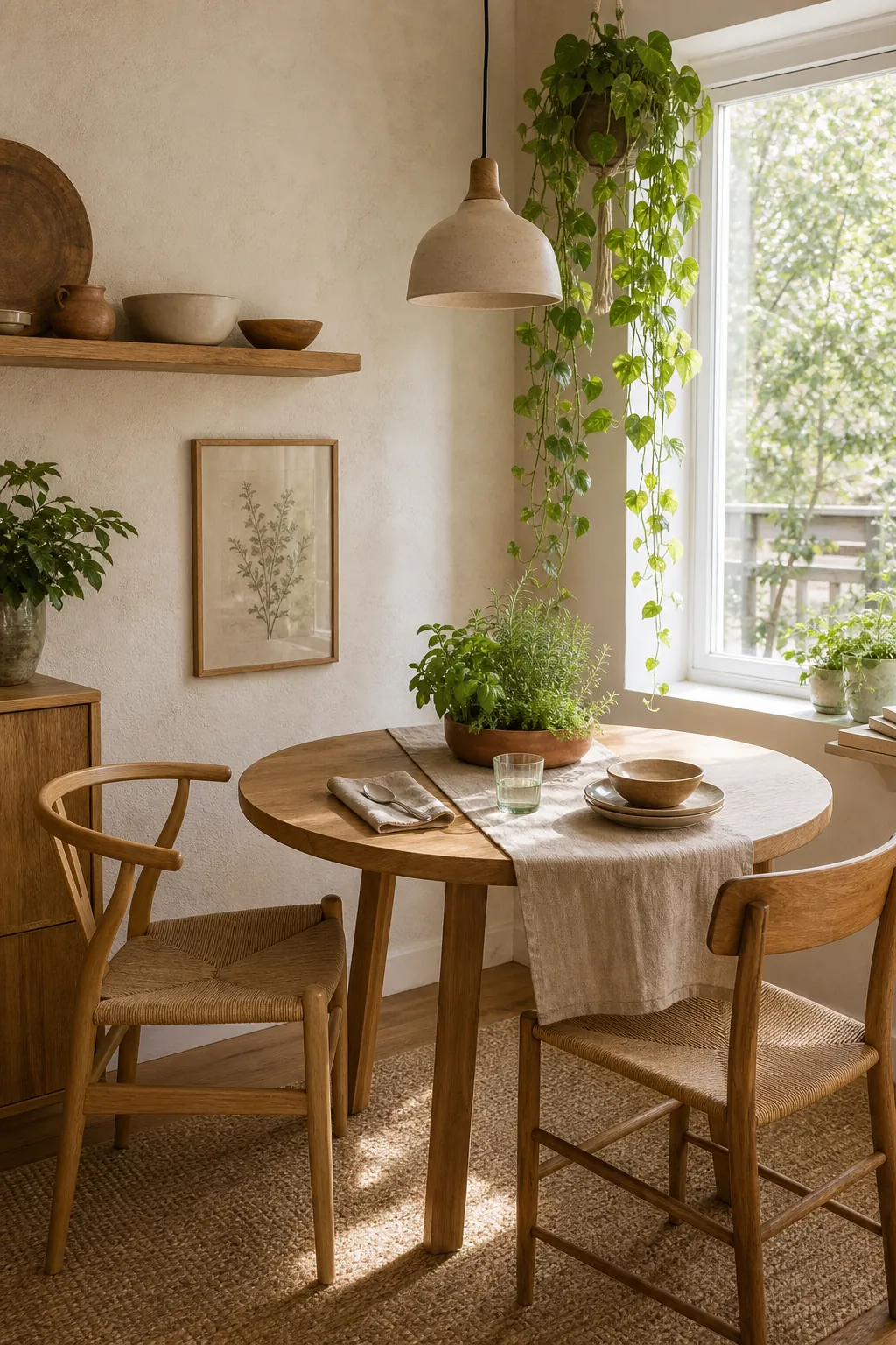 Small dining nook with oak furniture, plants, and soft natural materials