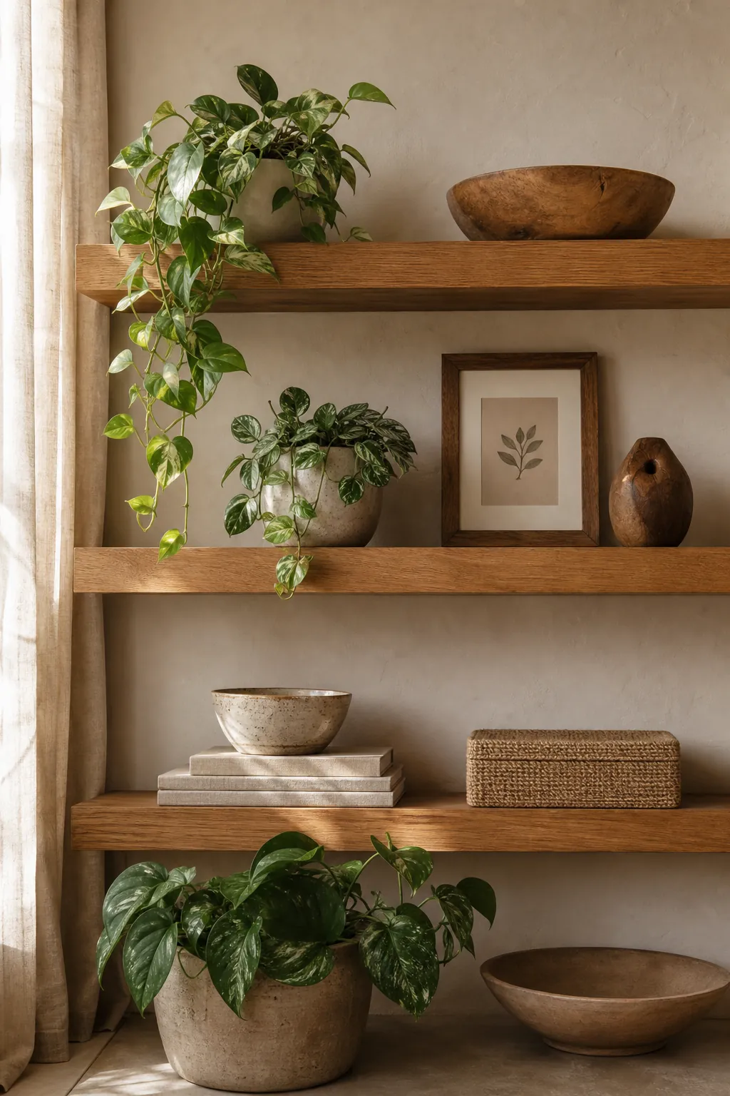 Open oak shelves styled with trailing plants, ceramics, and natural objects