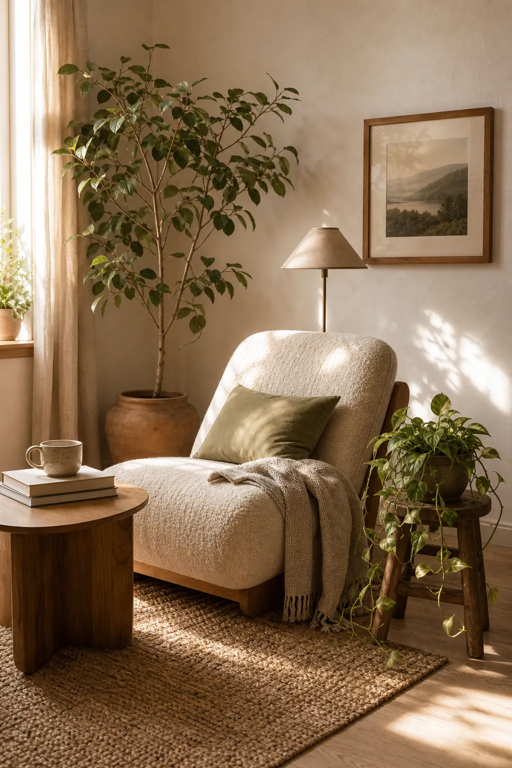 Soft reading corner with a wood side table, plants, and textured neutral decor
