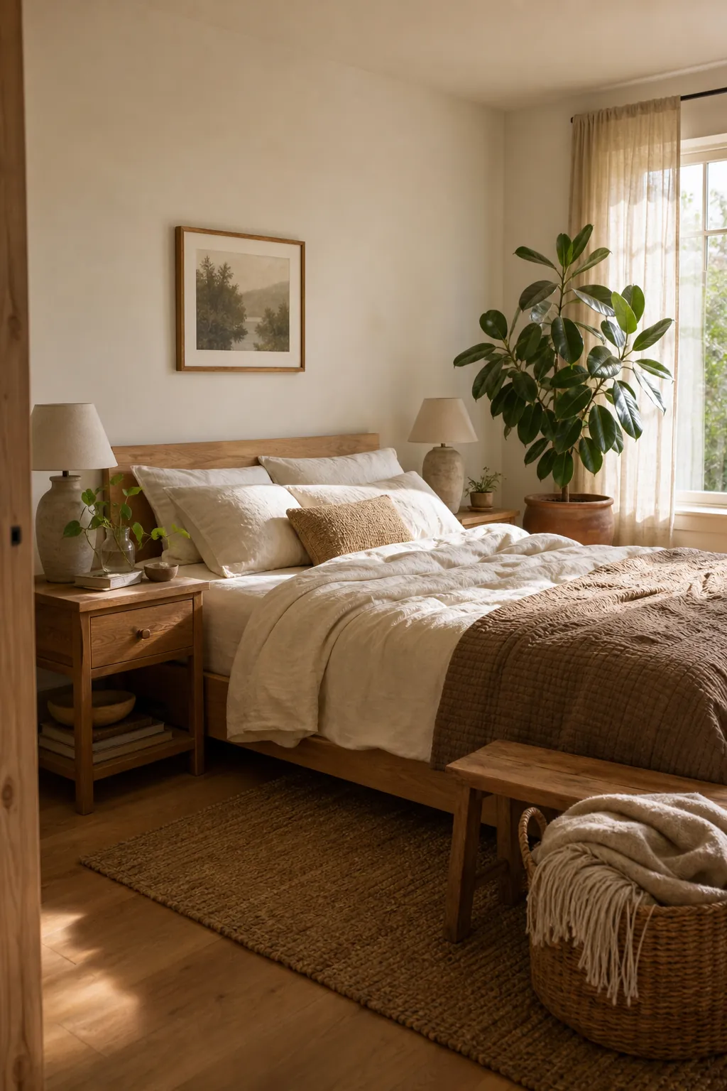 Calming bedroom with a light oak bed, linen bedding, and leafy plants