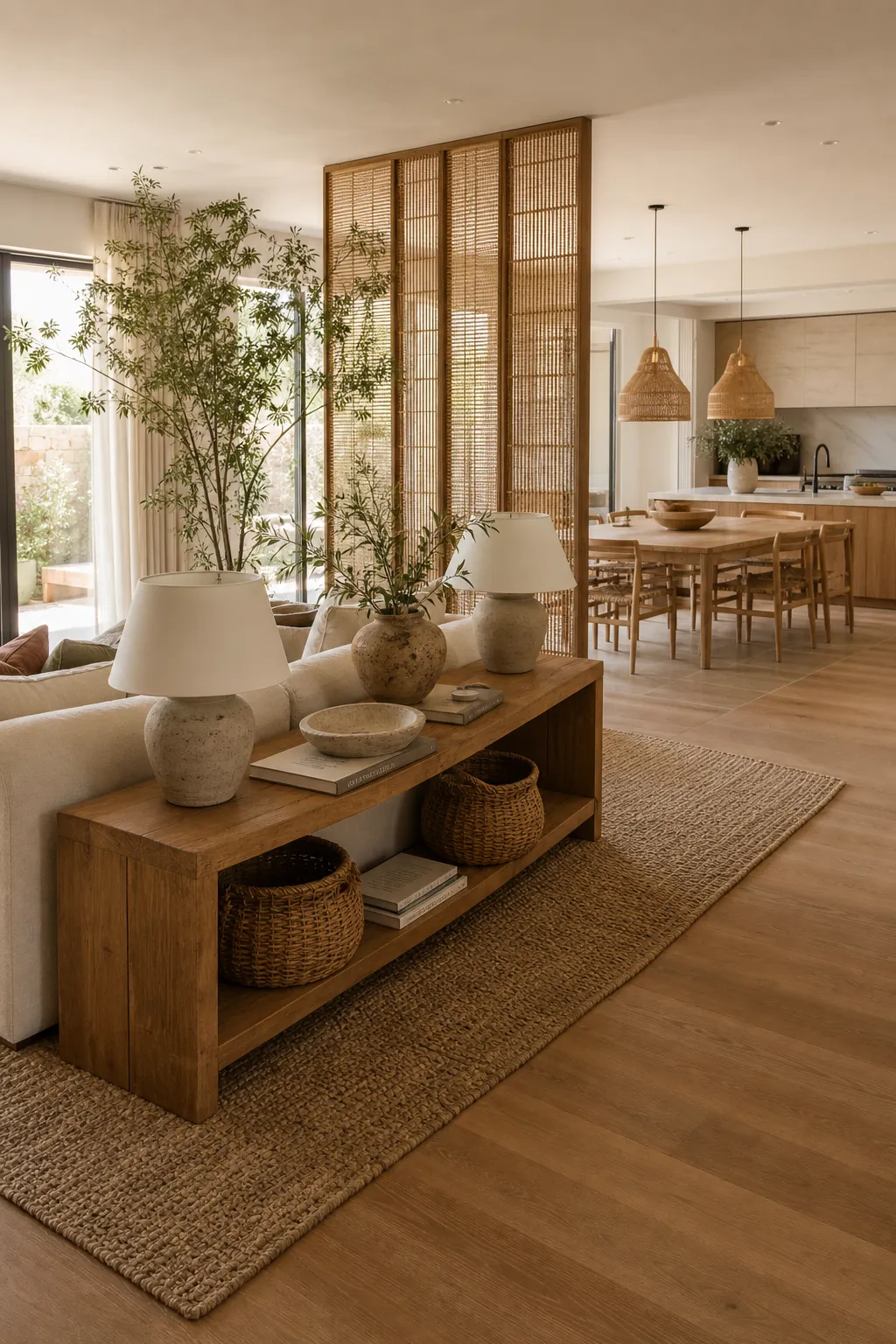 Cozy natural open plan home with warm wood, linen, jute, and earthy decor