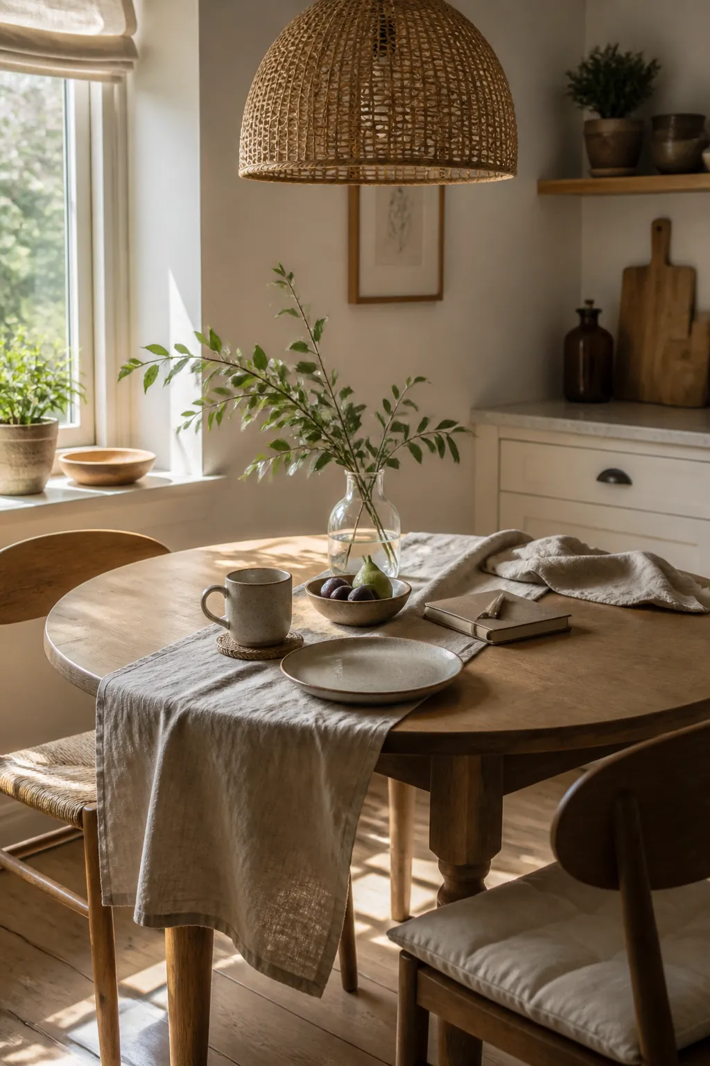Natural open plan dining nook with woven chairs, oak table, and soft pendant lighting