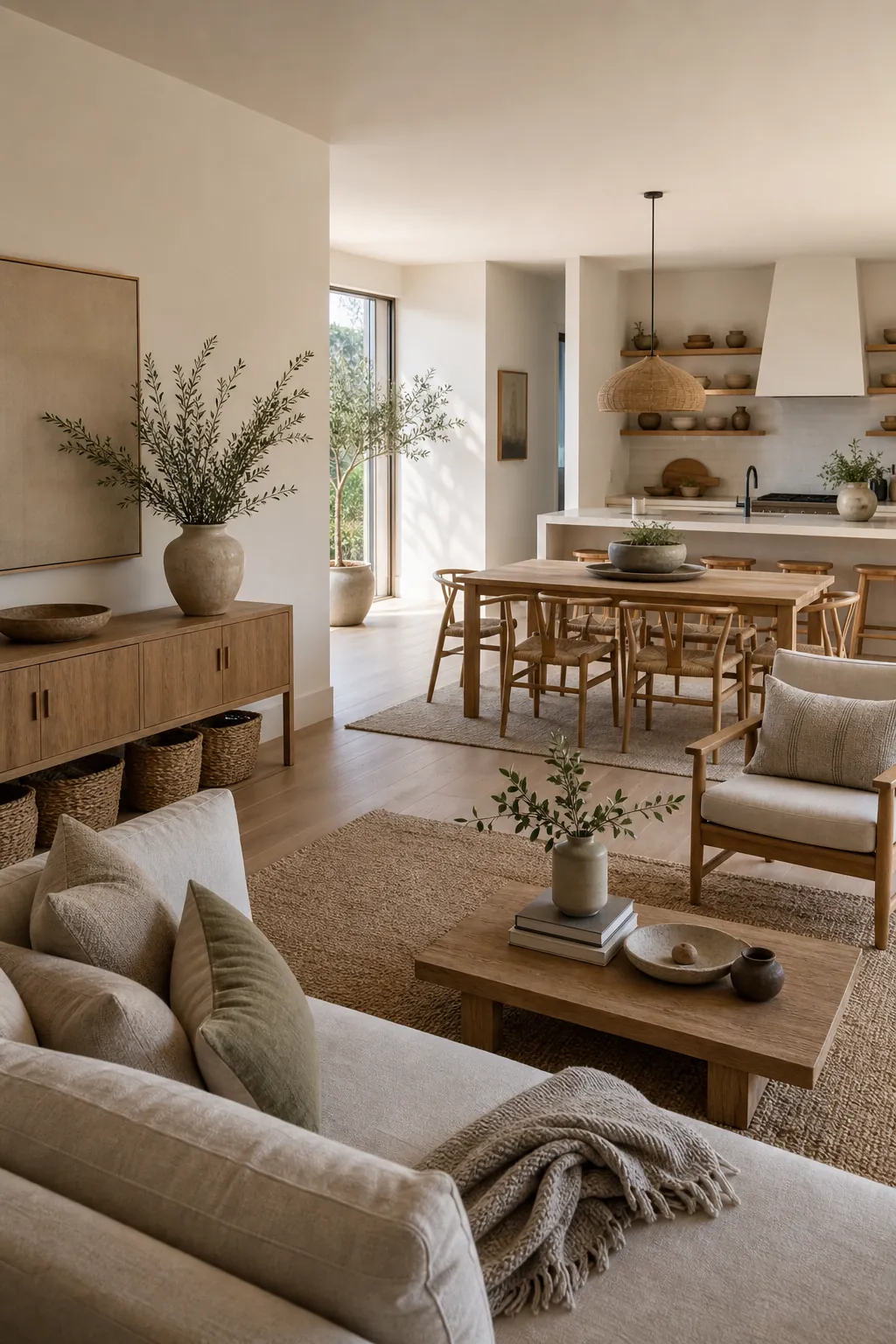Cozy open plan living room with a large natural rug anchoring the seating zone