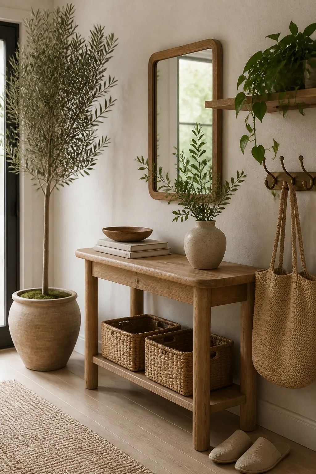 Oak console and woven baskets creating a soft divider in an open plan natural home