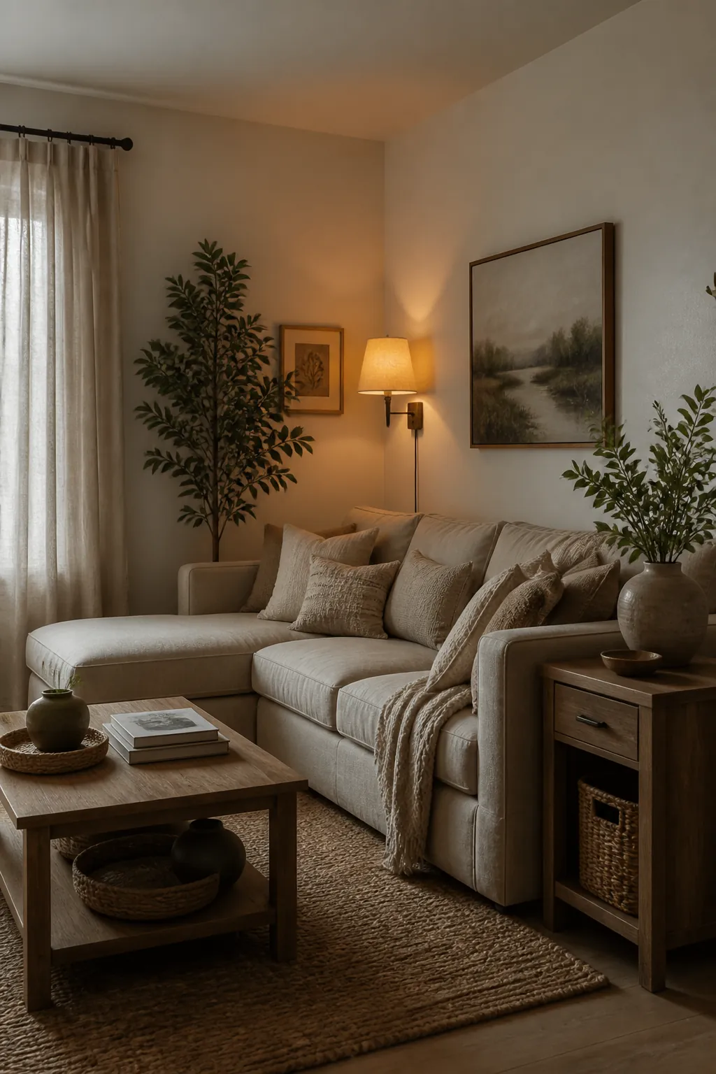 Cozy open plan living room with layered lamps, warm shadows, and natural textures
