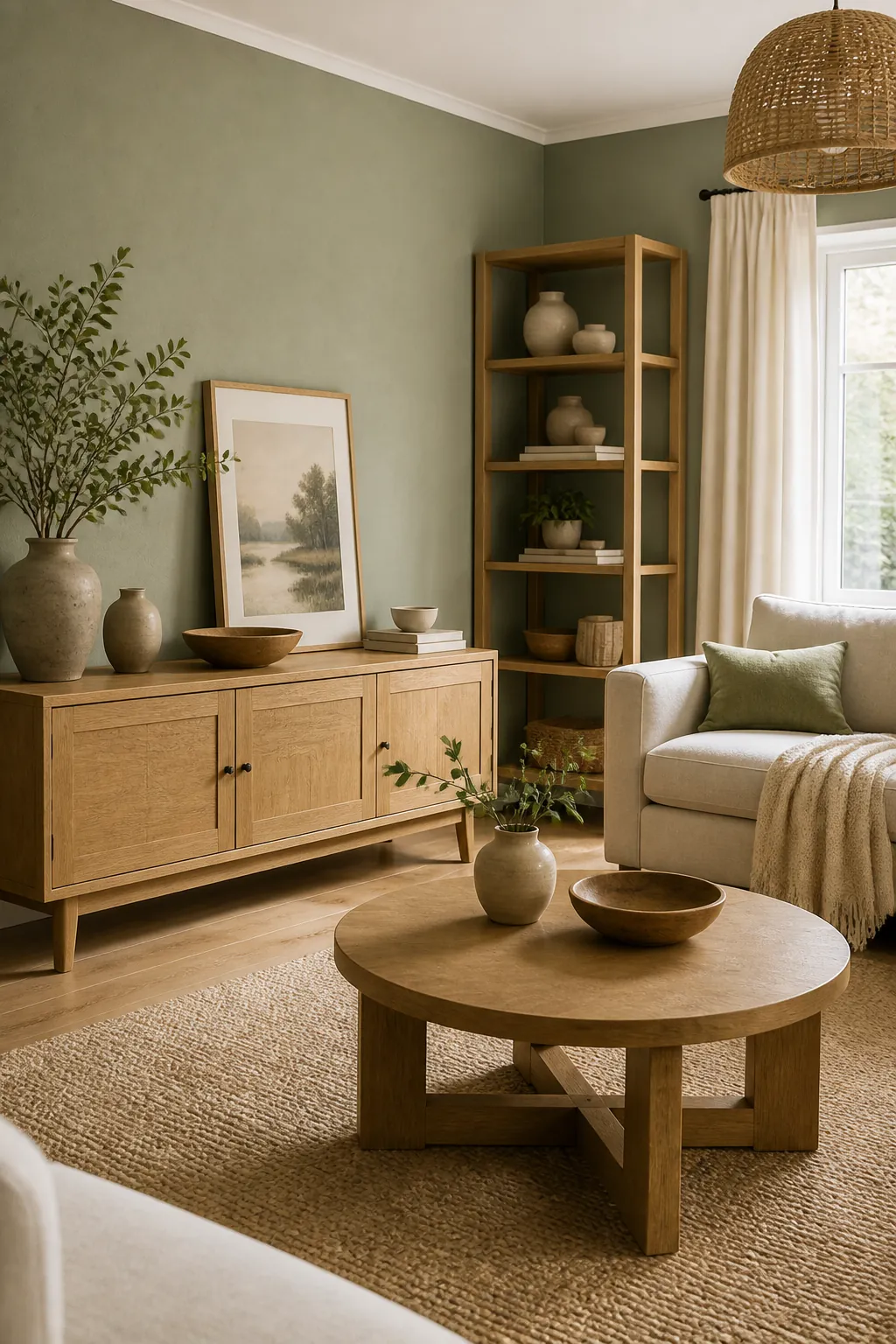 Oak wood accents warming a sage green living room with cream upholstery
