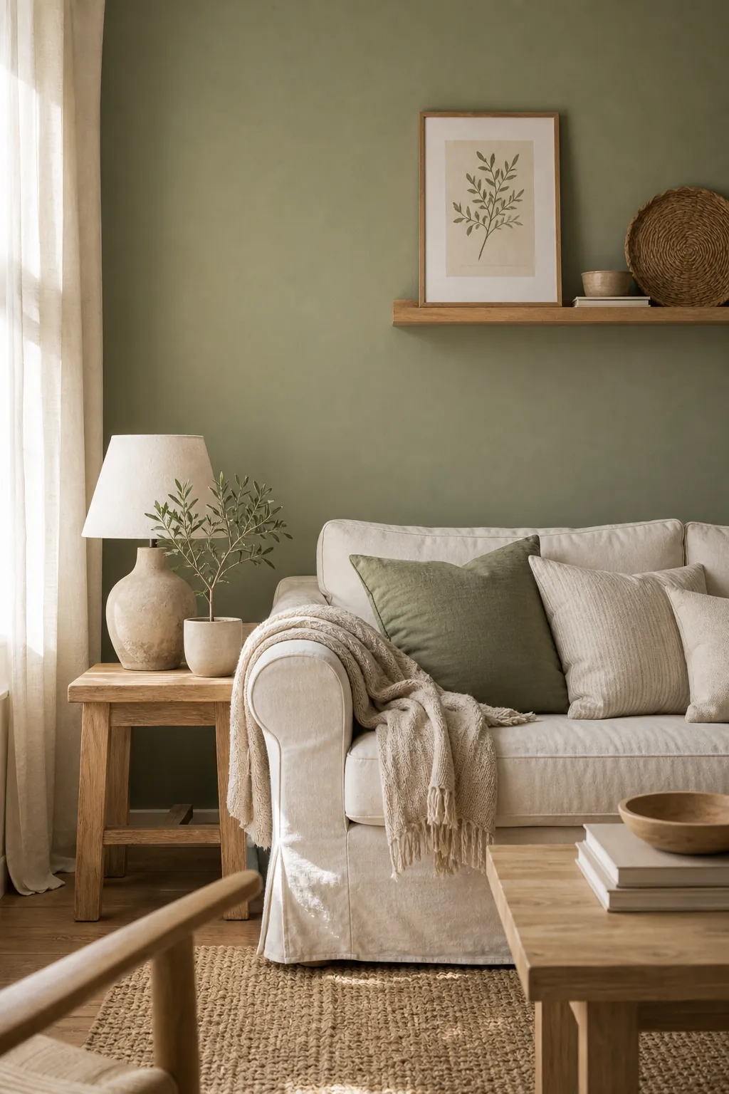 Warm sage green living room wall with cream sofa and oak wood side table