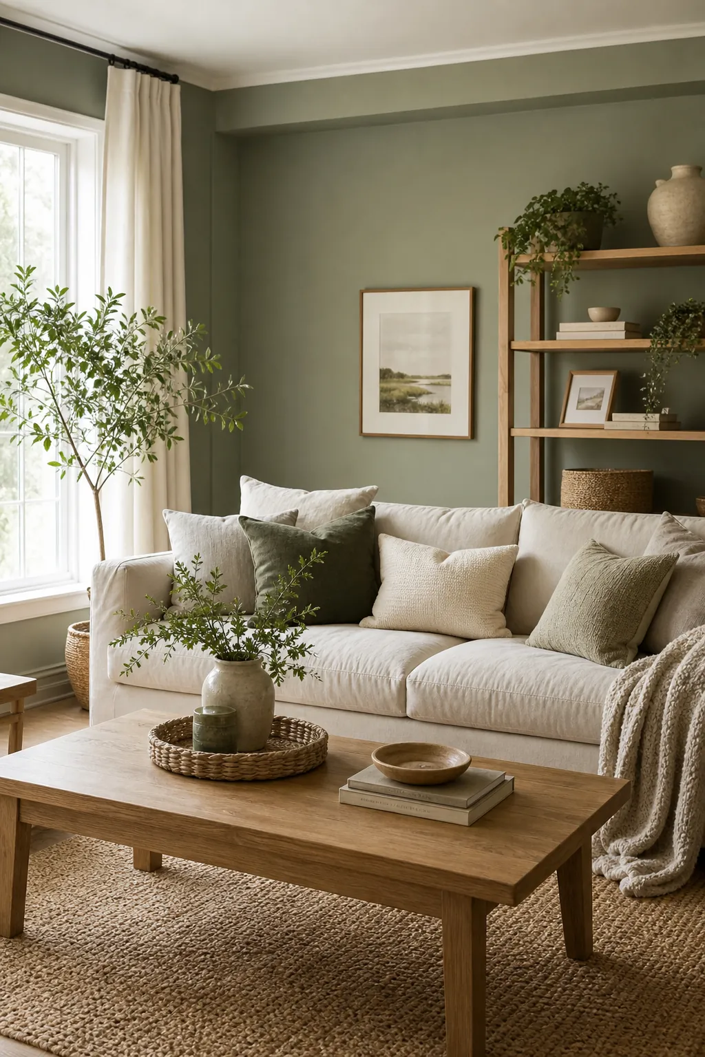 Sage green living room with cream sofa and natural wood accents