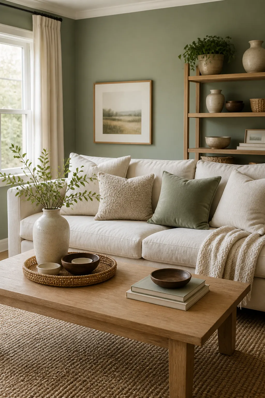 Layered cream decor with linen sofa and sage green living room walls