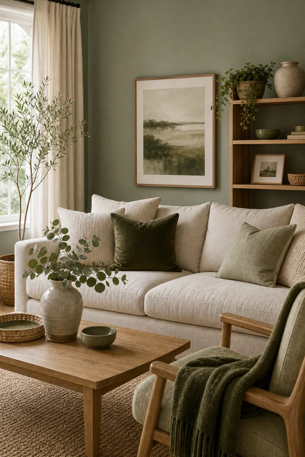Deep olive green accents in a cream and wood sage green living room