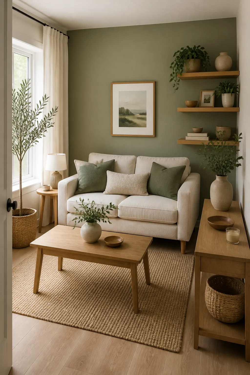 Small apartment sage green living room with cream loveseat and slim wood accents