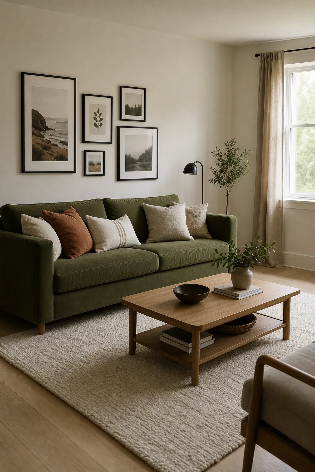 Emerald green accent wall behind a cream sofa with gold accents in a rich living room