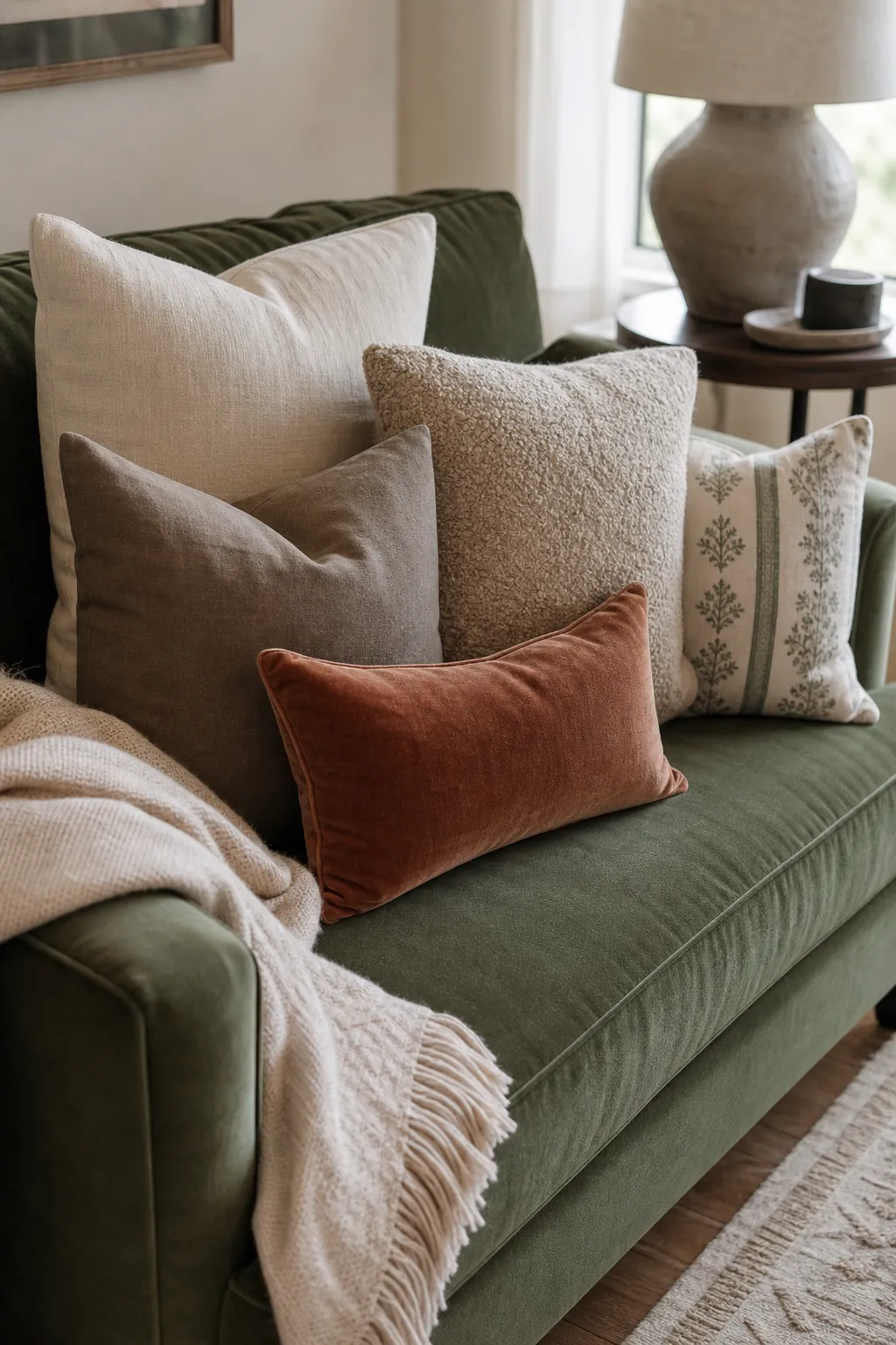 Emerald velvet seating with warm neutrals and brass lighting in a luxury living room