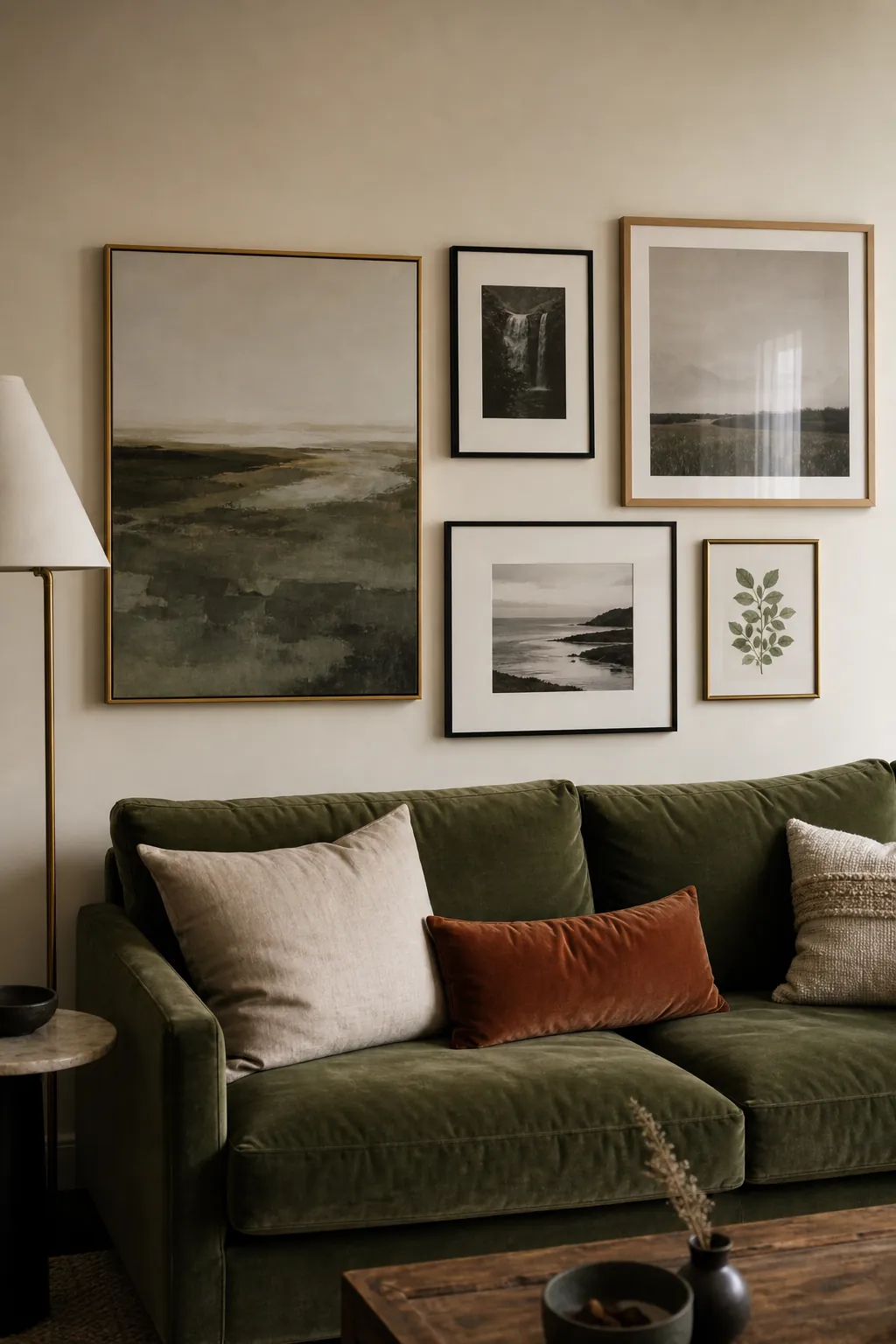 Moody emerald green living room with layered brass lighting and neutral sofa