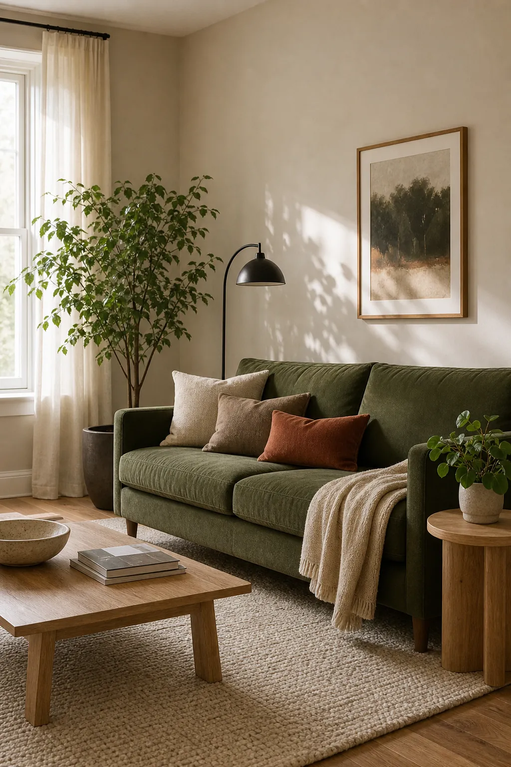 Emerald green accents balanced with warm wood cream textiles and brass decor