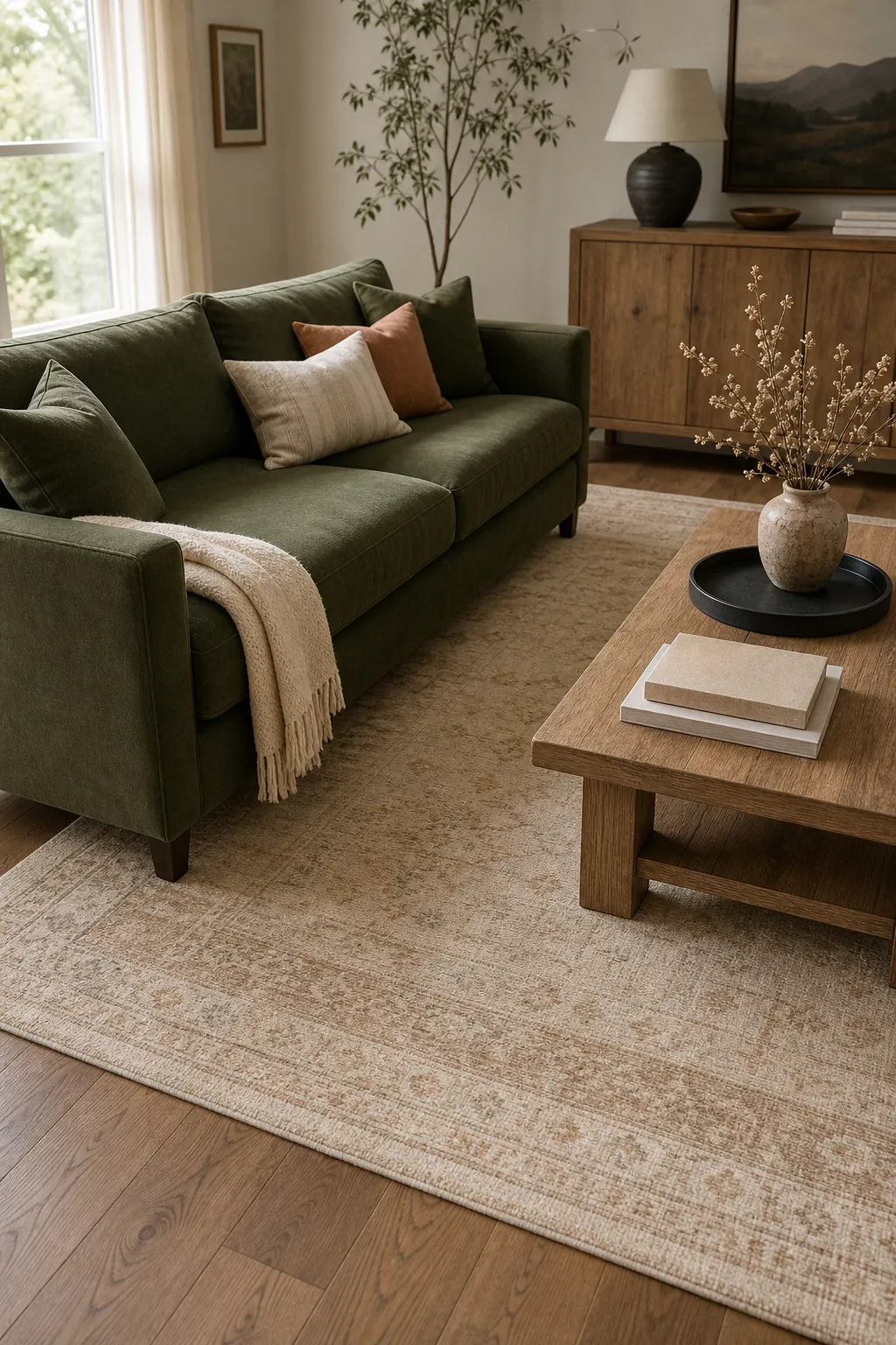 Cream area rug anchoring a green couch in a balanced living room