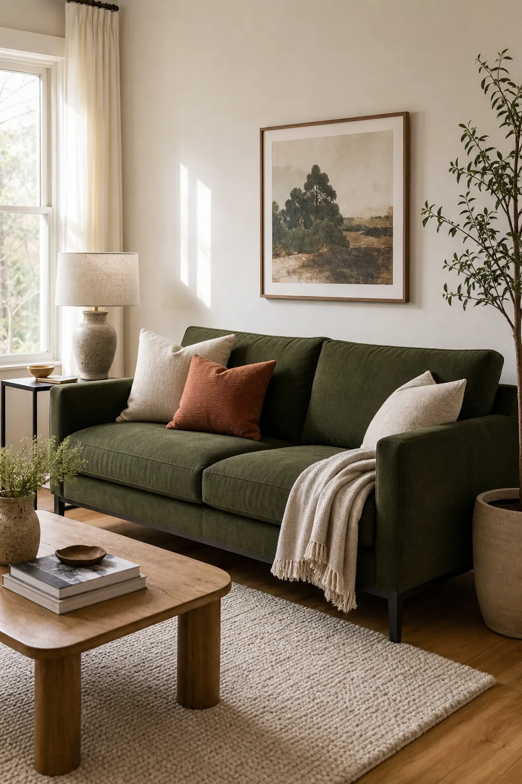 Balanced living room decor around an olive green couch