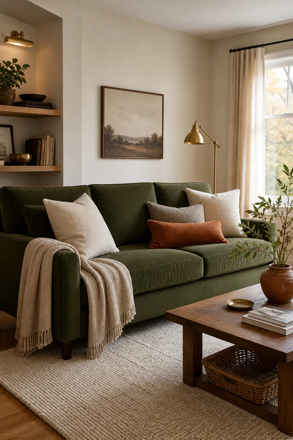 Warm rust and brass accents balancing green sofa styling