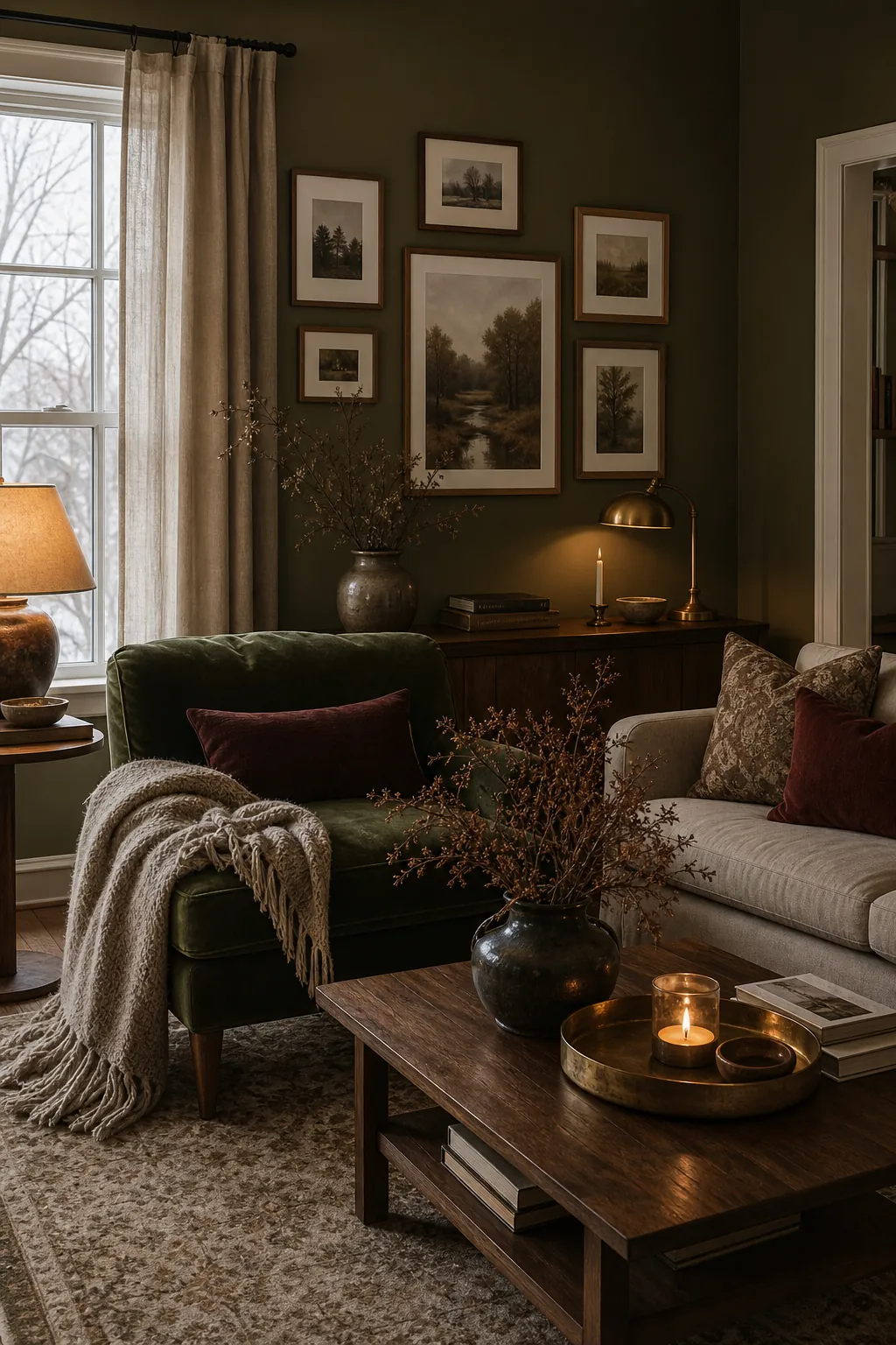 Earthy green living room with beige sofa brass picture lights and natural wood accents