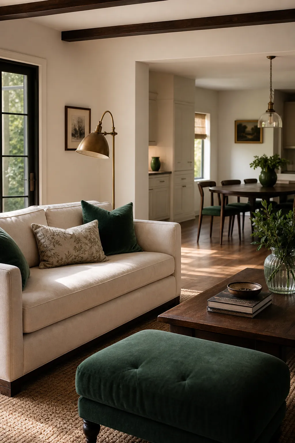 Green living room with brass accents beige decor and warm wood furniture