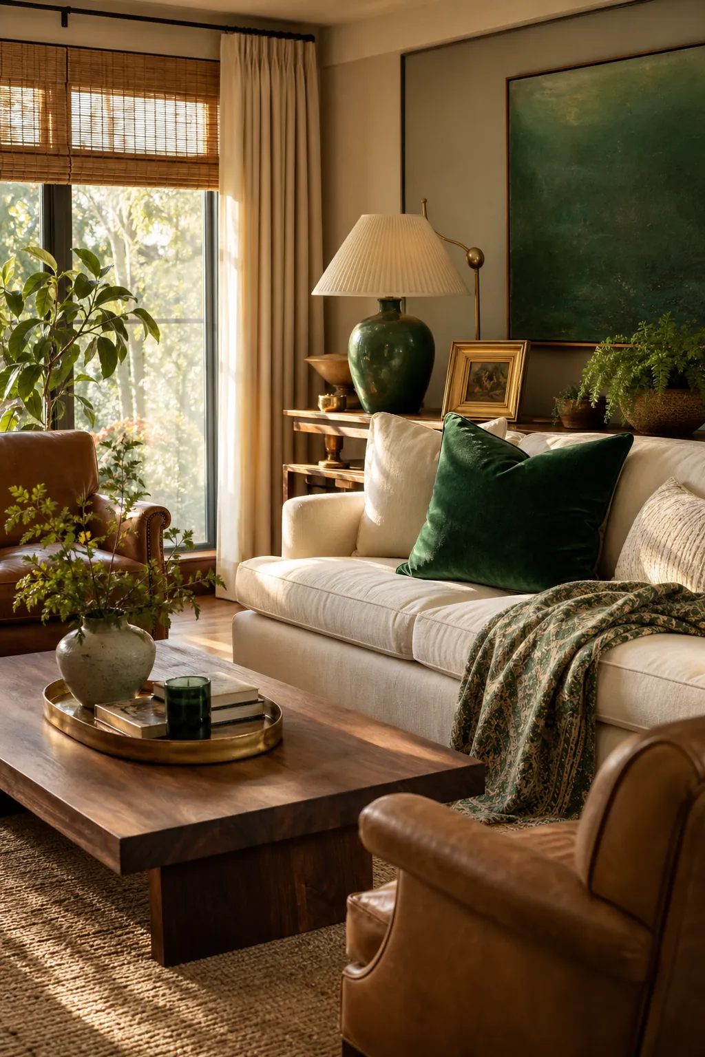 Muted green living room softened with beige sofa linen curtains brass sconce and oak table