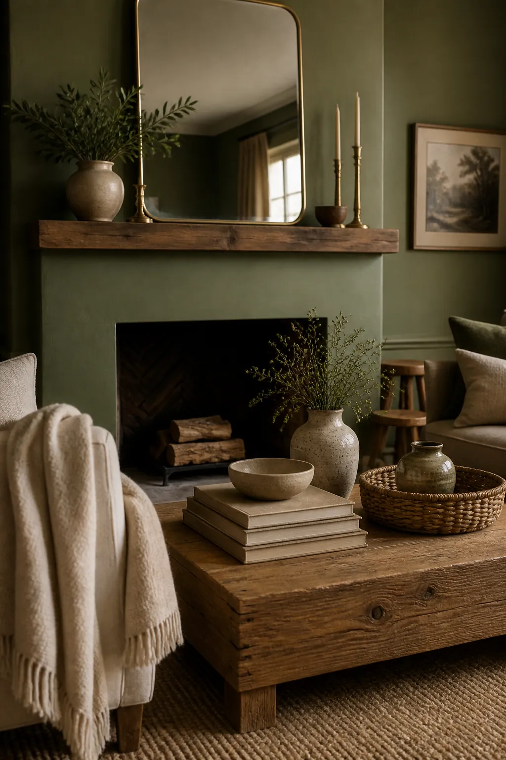 Olive green living room with layered lamps warm brass lighting and winter curtains