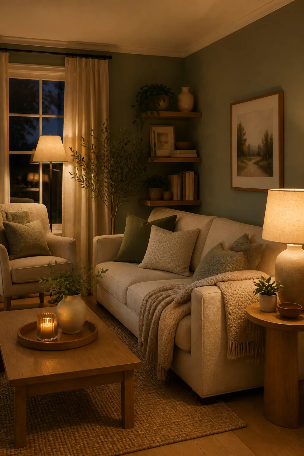 Warm olive green living room with layered winter textiles and wood accents