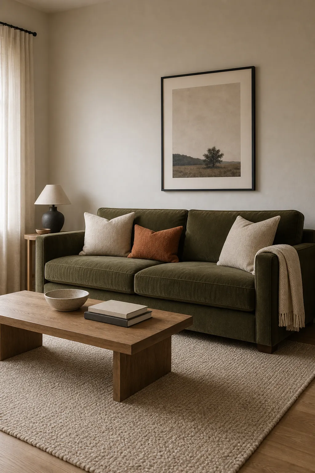 Cozy olive green living room near a stone fireplace with earthy winter decor