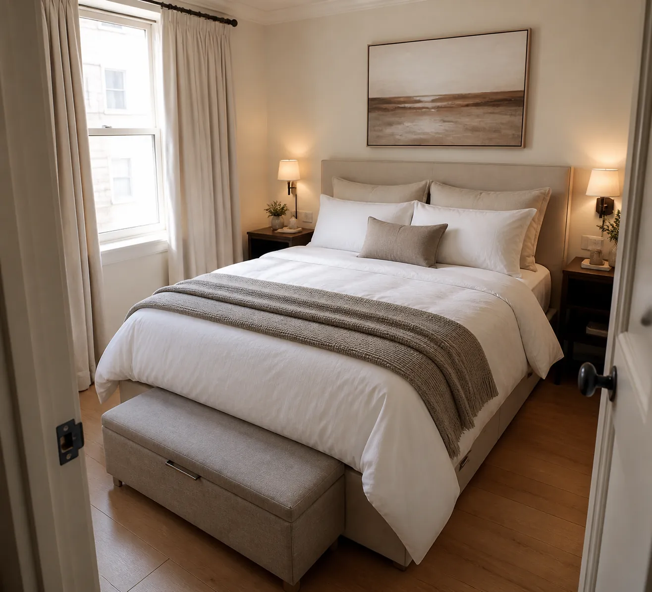 Photorealistic small bedroom styled like a calm hotel room with layered white bedding and soft lighting