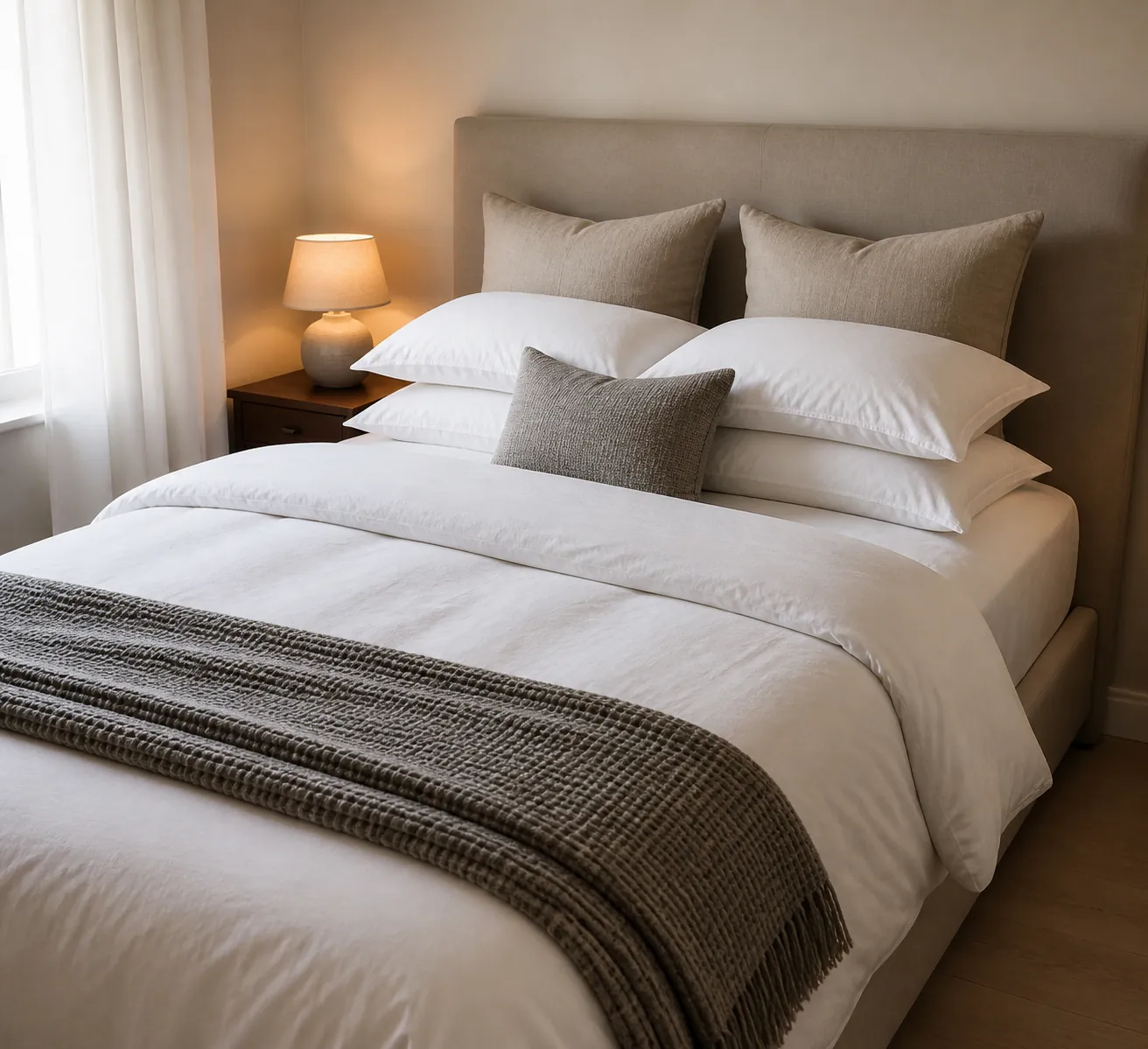Layered hotel bedding in a cozy small bedroom with white sheets, neutral pillows, and a folded throw