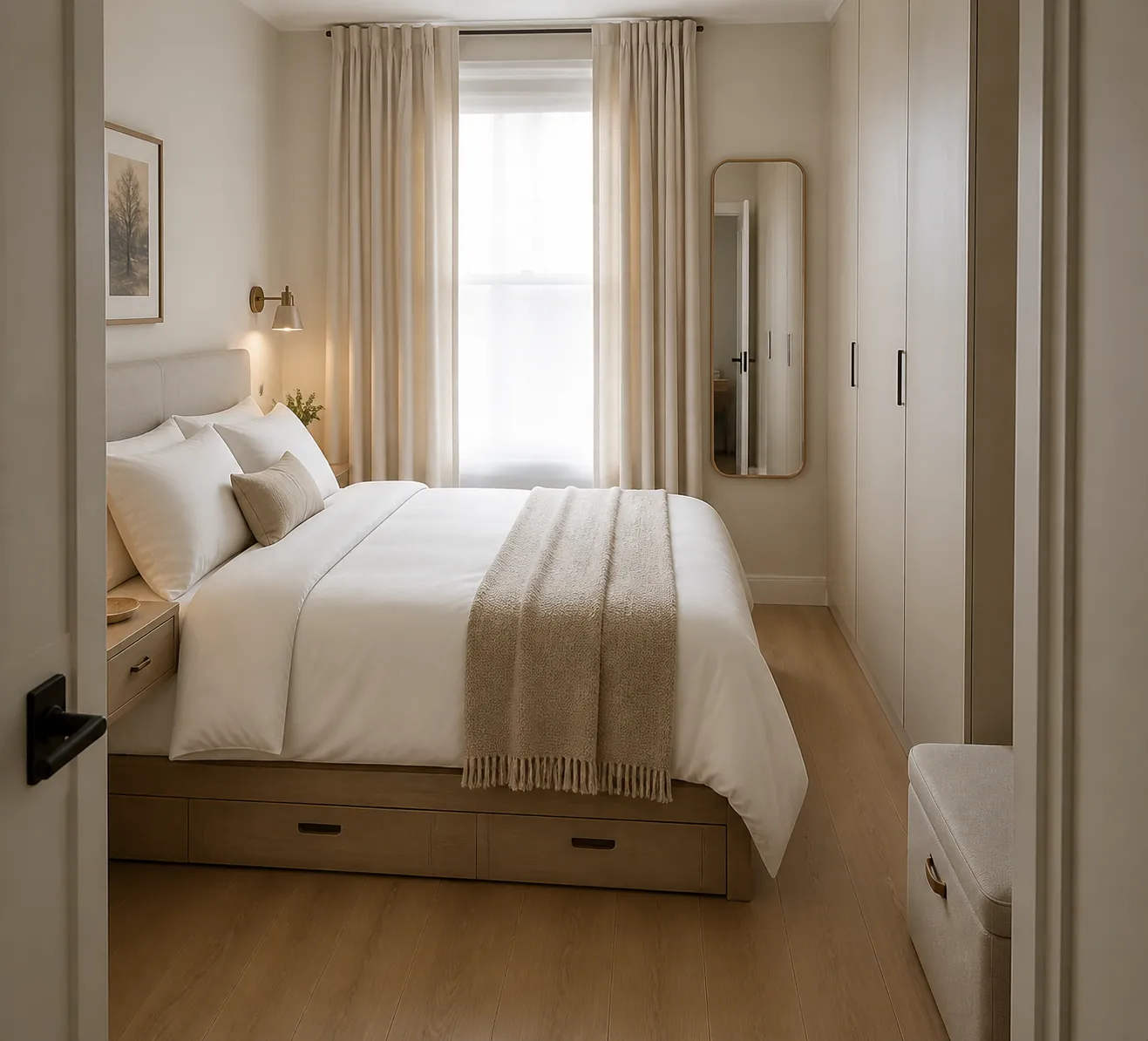 Small bedroom layout with a queen bed, slim nightstands, wall lights, mirror, and clear walking path