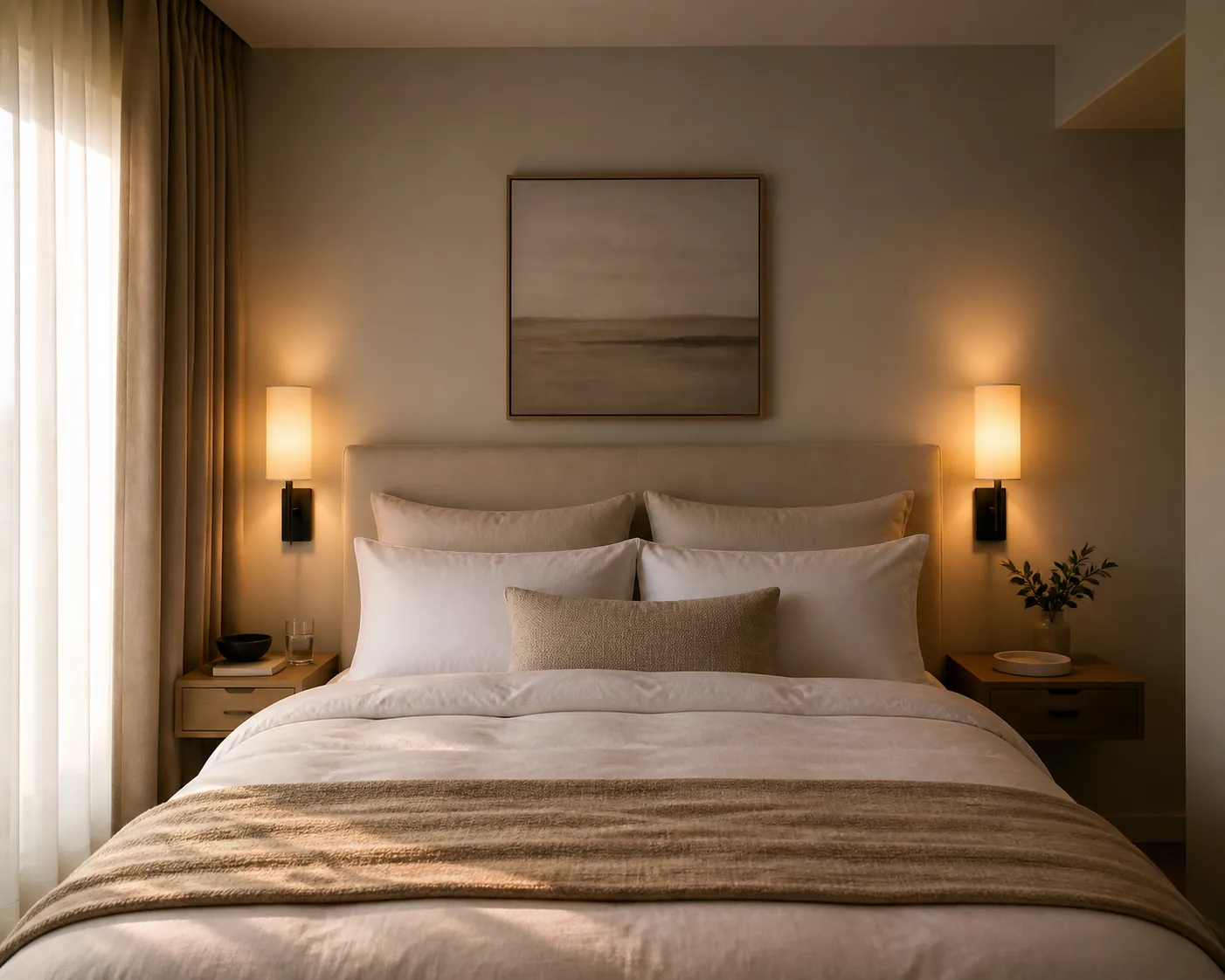 Soft bedroom lighting with warm bedside sconces and neutral hotel style bedding in a small room