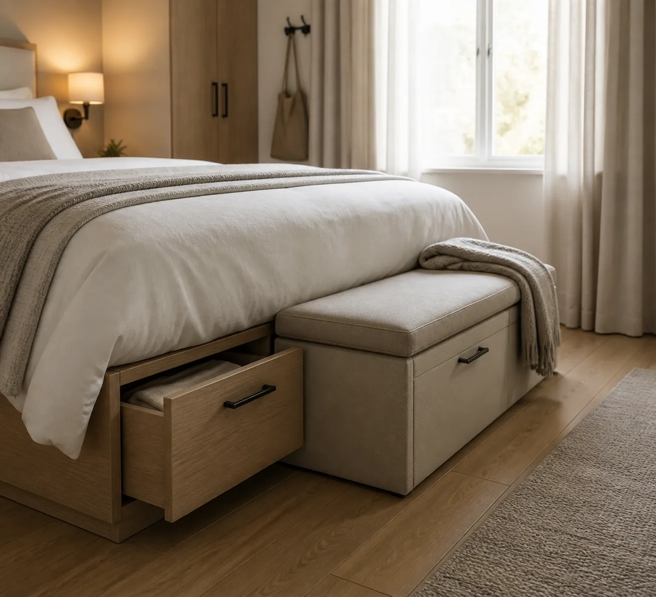 Hidden bedroom storage under a hotel-style bed with a narrow upholstered bench and folded linens