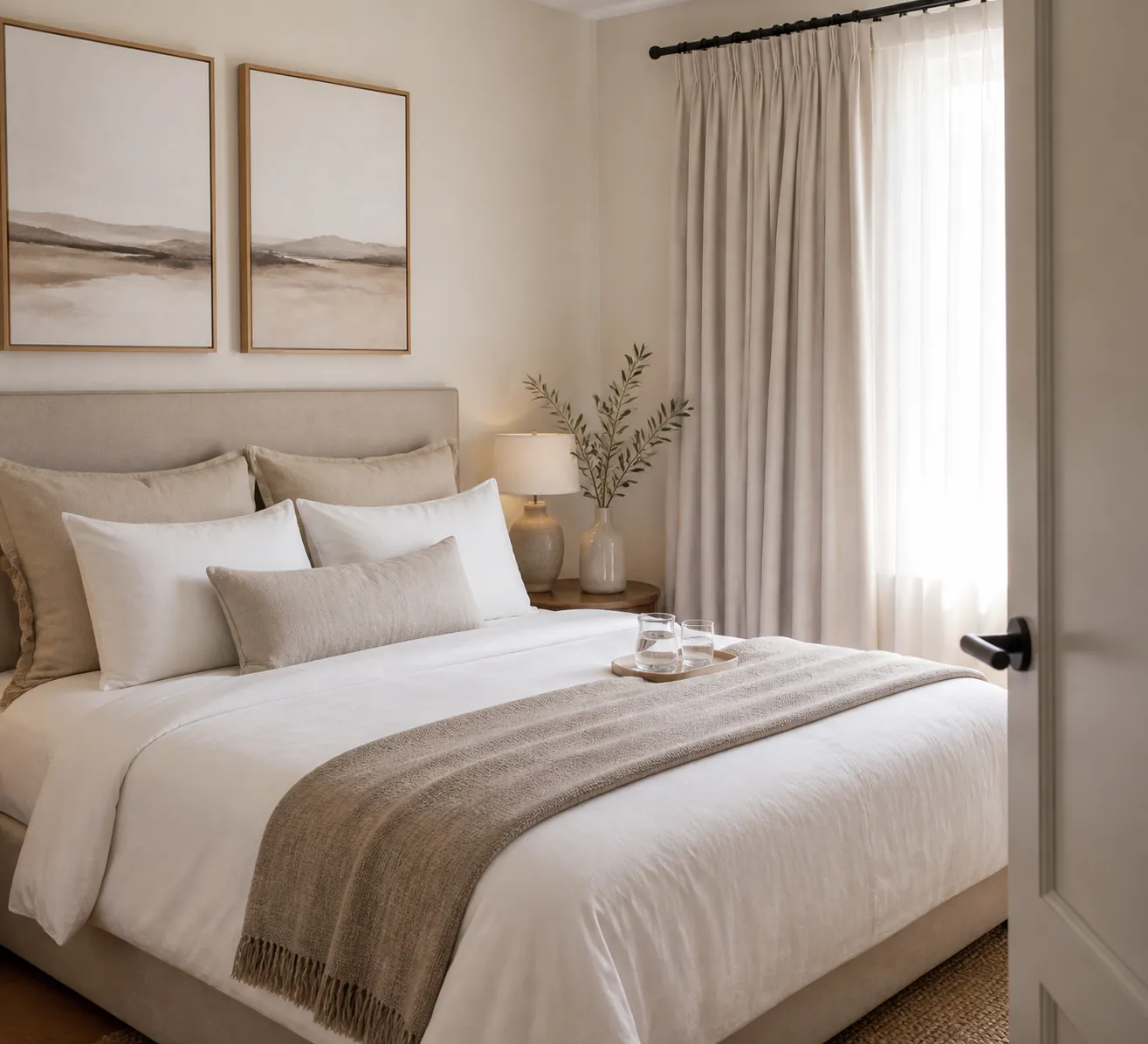 Neutral bedroom styling with calm wall art, edited nightstand decor, and hotel-inspired bedding