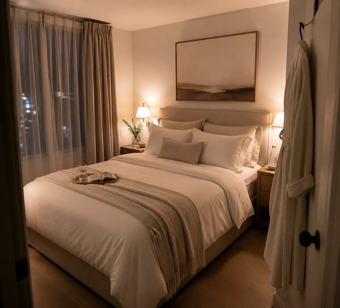 Relaxing small bedroom hotel retreat with warm lamps, blackout curtains, and layered neutral bedding